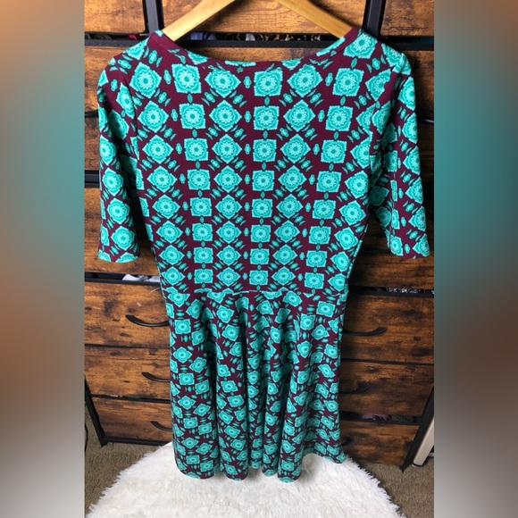 LuLaRoe Teal and Burgundy Geometric Midi Dress - Picture 8 of 14